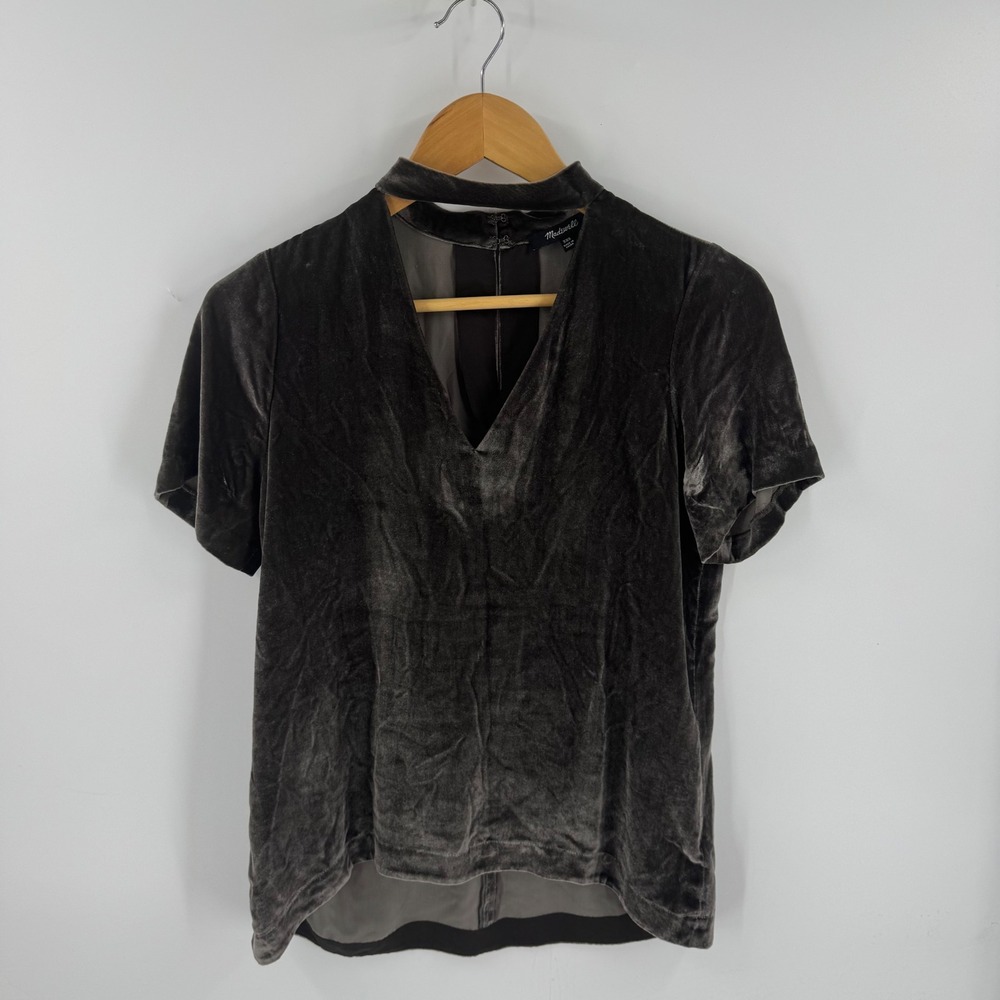 Madewell Velvet Choker Top Grey XXS Silk Blend V-Neck Cutout Holiday Luxe